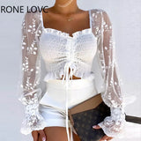 Women Shirring Detail Frill Hem Leaf Pattern Mesh Top Long Sleeve Blouse Women Spring