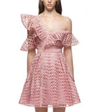 Self Portrait Luxury Runway Dress New Arrival Asymmettical Neck One-Shoulder Lace Hollow Out Patchwork Runway Pink
