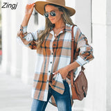 PETAL Brown Plaid Long Sleeve Blouse For Woman Casual Button Up Shirts Top 2023 Spring Autumn Blouses