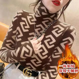 New Harajuku Elegant Fashion Long Sleeved T-shirts Thicken Warm Plus Velvet Turtleneck Soft Tops Women Printed Tees