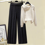 Warm 3 Piece Set Women Pullover Sweater + Wide Leg Pants +Lamb Wool Vest Outfits Knitted Suit Tracksuit Womens