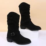 Women's Mid Calf Boots For Autumn Female Slip on Belt Buckle High Boots 2022 Solid Color Martins Boots Footwear Botas