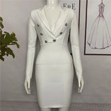 New Sexy Notched Collar Button Bandages Dress Women Bodycon Elegant Party Club Autumn Winter