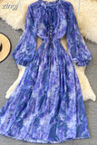 Women Printed Long Dress Vintage Ruffle Stand Collar Puff Sleeve High Waist Elegant Maxi Robe Female Big Swing