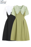 Patchwork Peter Pan Collar Women Dress Puff Sleeve Korean Tunic Dresses A-line High Waist Vestidos Office Ladies