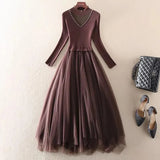 Winter Long Dresses Office Ladies Elegant Mesh Patchwork Long Sleeve Knitted Sweater Dresses Korean Fashion Slim