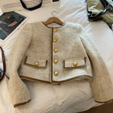 Vintage Cropped Blazer Women Korean Short Tweed Jacket Office Lady Elegant Thicken Quilted Single Breasted Outerwear