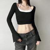 Zingj And Gray Color Patchwork Fake Two T-Shirts Fall