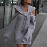 Color Women Hoodies Fitness Hooded Dress Casual Hollow Out Cold Shoulder Oversize Sweatshirt Detachable Hat Workout