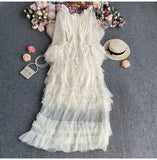 High-End Feel Leaf Edge Mesh Cake Dress Women's Waist Thin Temperament A Word Shoulder Super Fairy Long