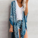 Bikini Cover-ups Boho Printed Fringed Long Kimono Carfigan Tunic Women Plus Size Beach Wear Swim Suit Cover Up