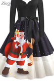 Big Swing Print Vintage Christmas Dress Women Winter Casual Long Sleeve V Neck Sexy New Year Party Dress