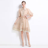 New Famous Summer Retro Collar Single Buckle Lace Lantern Sleeve