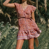 Queens Women Floral Print Deep V-neck Vacation Bohemian Mini Dress Ladies Short Sleeve Button Boho Dresses