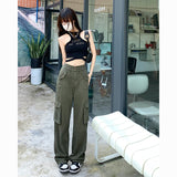 Women's Spring Summer Cargo Pants Elastic Waist Multiple Pockets Solid Vintage Fashion Tooling Style Straight Wide Leg