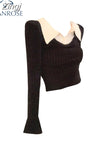 Winter Fashion Women's Fake Two Piece Lapel Collar Knitwear Sweaters Black Casual Slim Pullover Tops All-Match Korean