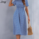 Floral Print Dress Women Summer Dresses 2022 New V Neck Short Sleeve High Waist Blue Midi A-line Dress for office