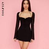 Sexy Bandage Hollow Mesh Mini Dress for Women Night Club Party Bodycon Dress Low Cut Halter Solid Long Sleeve Pink