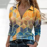 Women Long Sleeve V Neck Geometric Print Blouse Vintage Loose Polo Shirt Y2K Harajuku Oversize Tops Elegant Zip Sweatshirt