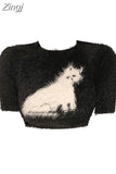Women O-Neck Knitted Sweater Female Casual Streetwear Harajuku Clothing Short Sleeve Kawaii Print Crop Top Pullovers 2023