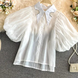 Sleeve Blouses Korean Fashion Women Clothes Button Up Shirt Harajuku Shirts Summer Elegant Vintage See Through Blusas