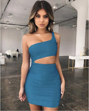 New Ruched Mini Bodycon Dress Summer Women Backless Mini Party Dresses 2018 One Shoulder Sleeveless Sexy