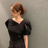 Korean Elegant Chic Blouse Women Summer Pleated Puff Sleeve Shirts Office Lady Fashion Slim Solid Folds V Neck Chic