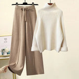 Two Piece Sets Women Winter Korean Casual Turtleneck Knitted Sweater And Wide Leg Knitting Pants Suits Women Homewear