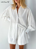 White Elegant Jacquard Fabric Soft Vacation Suits Women Long Sleeves Shirts And Hot Pants Two Pieces Outfits