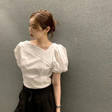 Korean Elegant Chic Blouse Women Summer Pleated Puff Sleeve Shirts Office Lady Fashion Slim Solid Folds V Neck Chic