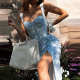 Women Elegant Spaghetti Strap Button Shirrint High Silt Maxi Sweet Sexy Party