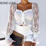 Women Shirring Detail Frill Hem Leaf Pattern Mesh Top Long Sleeve Blouse Women Spring
