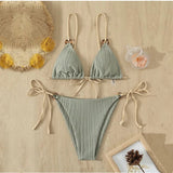 Sexy Bikini Set Cute White Plain Ring Linked Spaghetti Strap Triangle Thong Biquini Swimsuit Swimwear Women Bathing Suit
