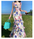 Print Floral Long Dresses for Women 2023 French Vintage Sleeveless Ruffle Slim Female Clothes Elegant Party Holiday