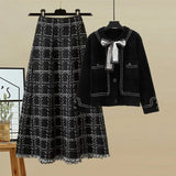 Fall Winter Knitwear Two Piece Sets For Women Outfits French Vintage Fragrance Bow Bandage Knitted Sweater+Plaid Skirt