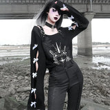 Black Gothic Hoodie Streetwear Women Harajuku Anime Long Sleeve Hollow Out Bow Sweatshirt Autumn Thin Pullovers