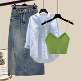 Outfits For Women 2023 Fashion Sling Vest+long Sleeve Sunscreen Shirt+side Split Denim Skirts Sets Korean 3 Piece