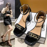 summer new one word with open toe thick heel sandals women's fashion temperament chain waterproof platform high