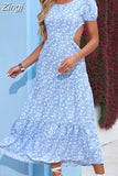 Boho Beach Long Dress Women Summer Short Sleeve Floral Print Sundress Vacation