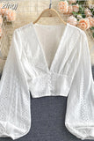 Hollow Out Women's Blouse Elegant Deep V-Neck Slim Short Shirts Female Puff Long Sleeve White Tops Autumn 2023 Blusas