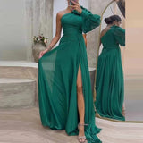 One Shoulder Sleeve Split Party Dress Fashion Autumn Solid Pleated Dress 2023 Elegant Diagonal Collar Chiffon Long