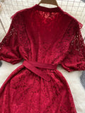 Women Lace Party Long Dress Vintage O-Neck Puff Short Sleeve High Waist Single Breasted A-Line Elegant Vestidos