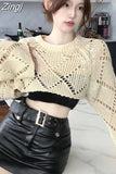 Pink Hollow Out Bandage Sweater Women Knitted Summer Long Sleeve Sunscreen Coats Y2k Loose Backless Crop Tops