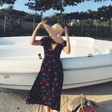 Vintage Dress Women Cherry Print Short Sleeve A Line Midi Dress Vacation Beach Female Elegant V Neck Slim Chiffon