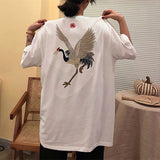 Vintage Flying Crane Bird Embroidery T Shirts Men Women Streetwear Y2k Tops Cotton Black White Tops Harajuku Kawaii