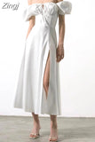 off shoulder pink women summer long dress Puff short sleeve slash neck solid a-line split beach party sundress