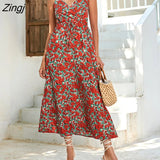 Floral Print Sexy Dress for Women Summer Dresses 2022 New Street V-Neck Backless Elasticated High Waist Midi Slip