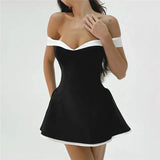 Black Flare White Off-shoulder Mini Dress-Outfit