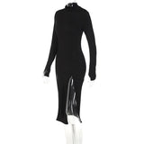Zingj New High Collar Long Sleeves High Slits Irregular Slim Long Solid Color