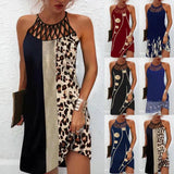 Autumn Halter Neck Leopard Mini Dress Sexy Vintage Vestidos De Fiesta Patchwork Print Sleeveless Beach Casual Dress